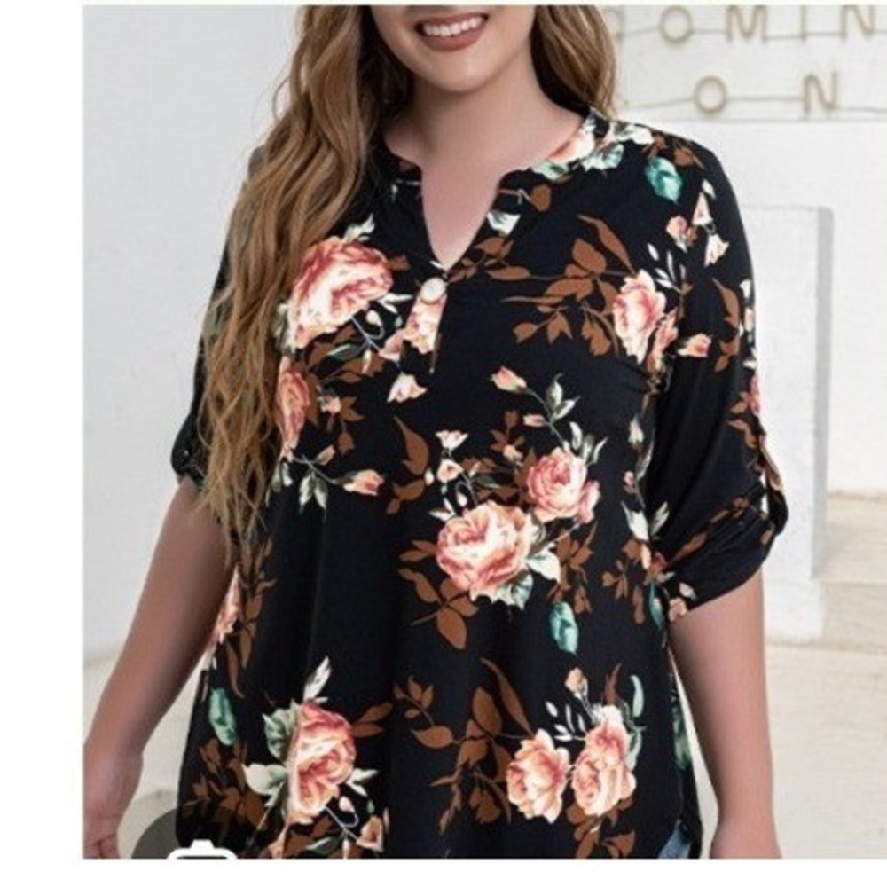 Womens 3X Floral Tunic Blouse Button Accent 3/4 Tab Sleeve Split V-Neck‎ NWT
